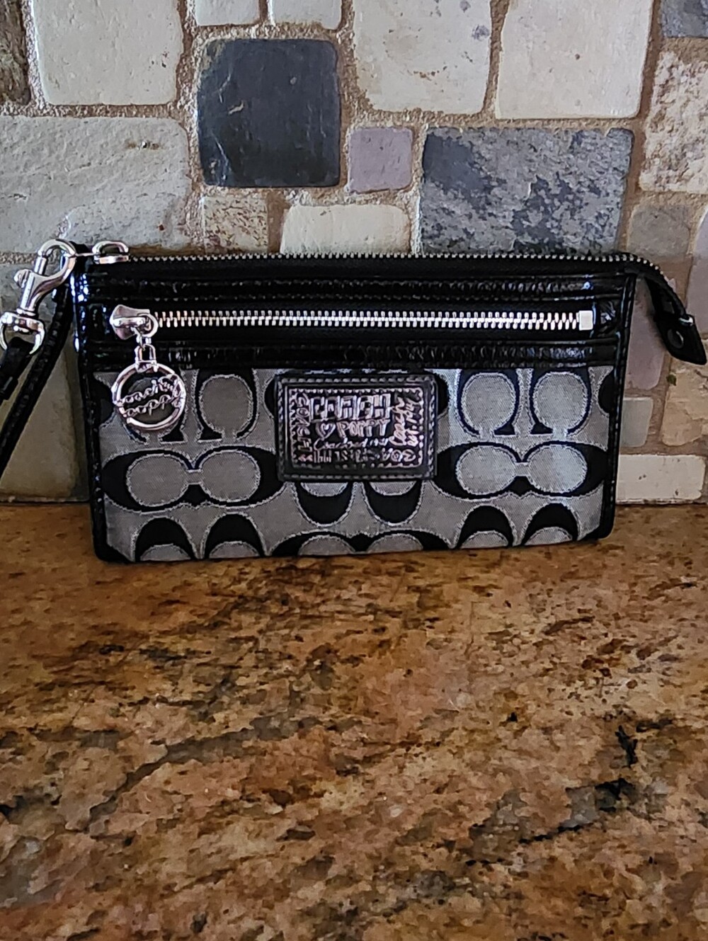 Coach Black & Gray Signature Wristlet with Silver Hardware